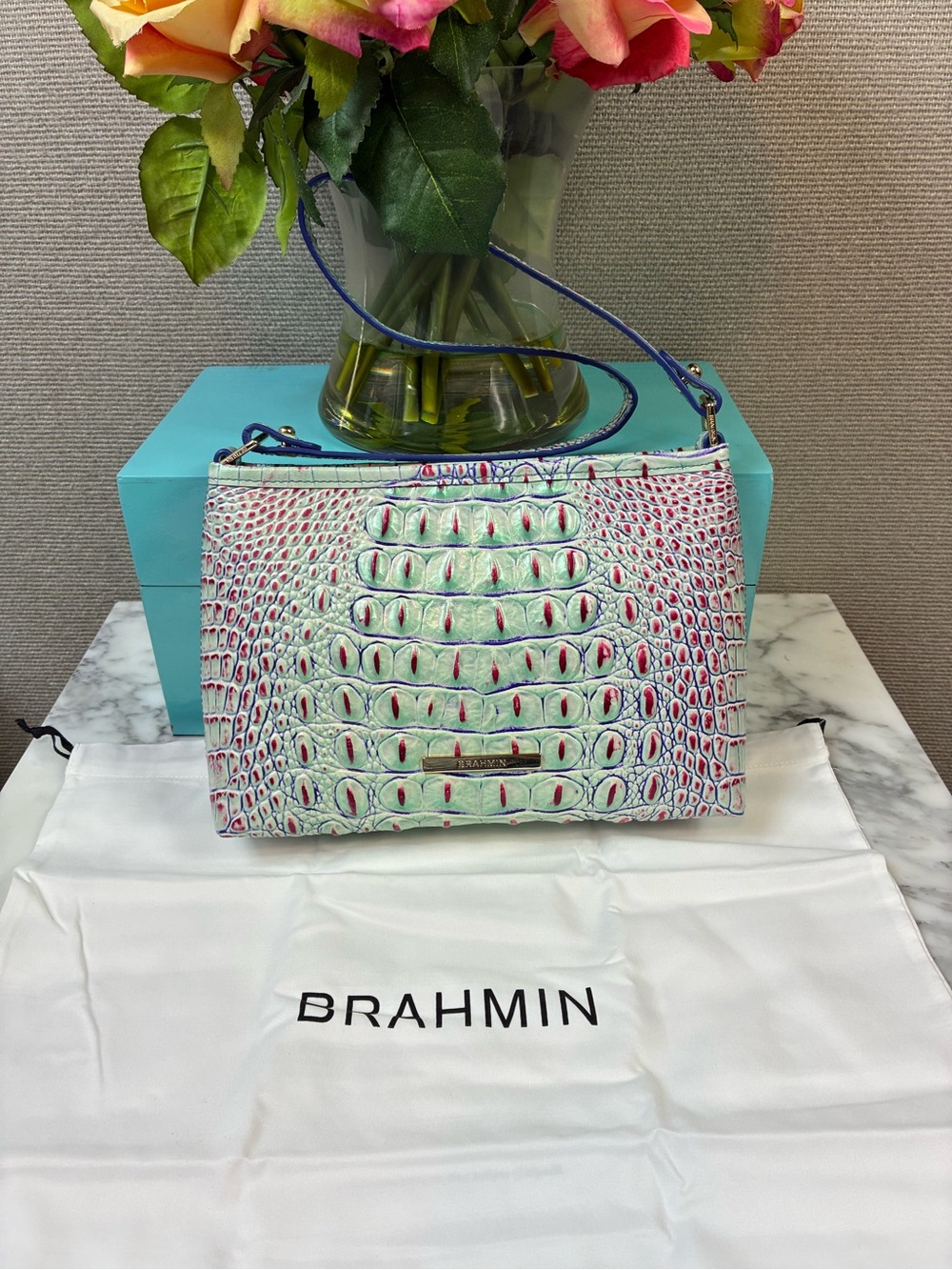 Brahmin Mint Green & Red Croc Embossed Lorelei Shoulder Bag - NWT - Picture 2 of 9
